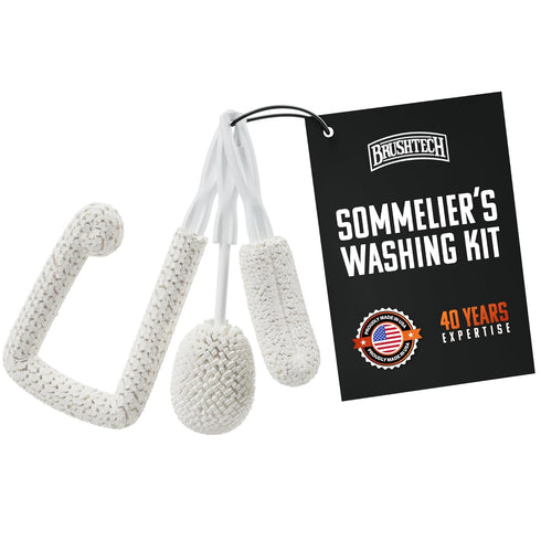 Brushtech 3-Piece Sommeliers Washing Kit - USA Made Glass Cleaning Brushes with Tapered