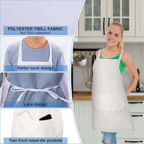 Dwrttow 12 Pack 2 Washable,32 28 Inch Bib Apron,White Aprons Bulk,Unisex Plain Bib Aprons with Pockets,Blank Apron