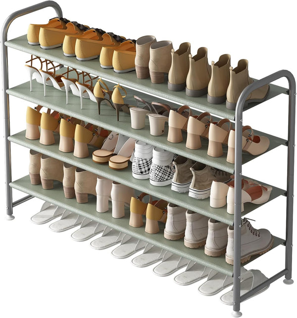 Shoe Rack 4 Tier Long Storage Organizer, Wide Metal Shoe Shelf for Closet Entryway, Grey