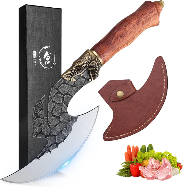 ROCOCO Hand Forged Viking Cleaver Knife, Butcher Meat Cutting Boning Axe with Sheath for Home Outdoor BBQ Camping Gift