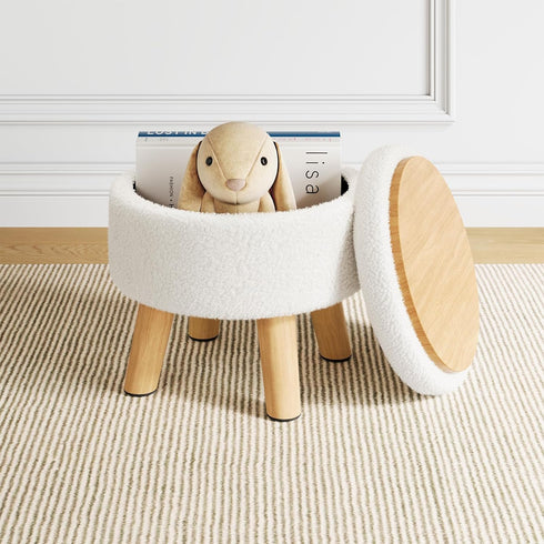 WBKATN Small Ottoman Footrest, White Boucle Foot Stool, Round Pouf Ottoman with Storage, Teddy Velvet Foot Rest