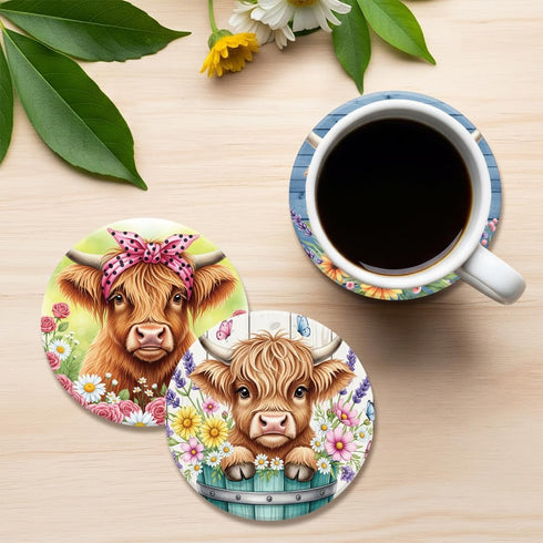 Set 9 3.9" ANATTASOUL Coasters of Highland Cow and Flowers Pattern Colorful Wooden Coasters Bulk Round Housewarming