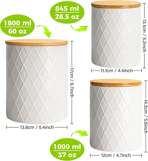 Set 3 Sets Counter, Set MIAMIO of Canister for Kitchen Ceramic Kitchen Canister with Airtight Seal Wooden Lid - Perfect