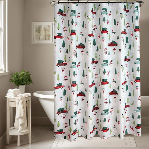 Shower Curtain Polyester, Christmas Red Truck Car Print with Trees, 70 x 70 Inch