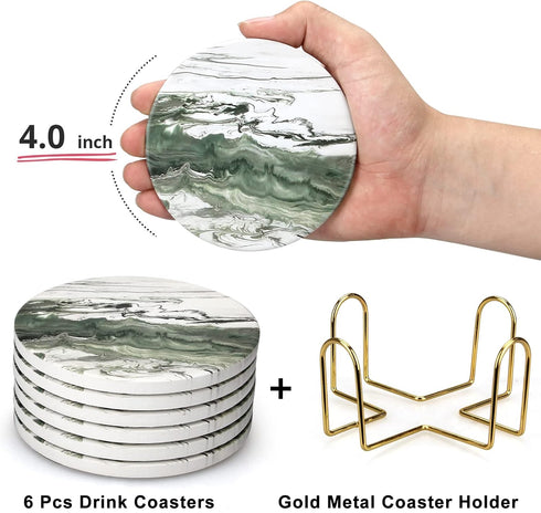 Dksyee 6 Set Pcs Green Ceramic Coasters with Holder Round Cool Drink Best Modern Absorbent Coaster for Coffee Table