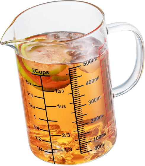 Glass Measuring Cup - High Borosilicate Glass with Insulated Handle and V-Shaped Spout - 500 ML (16 Oz, 2 Cup)