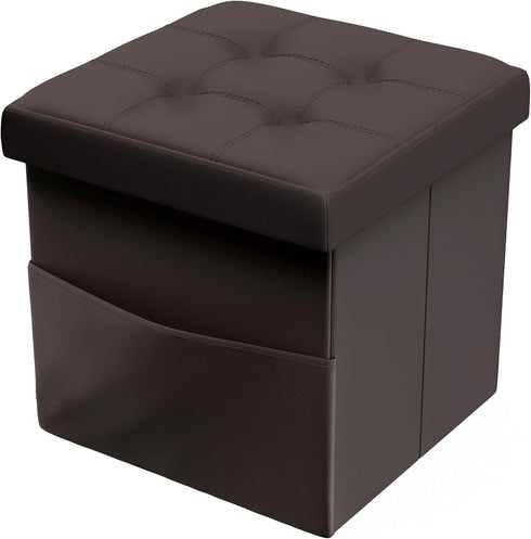 Lavish Home Foldable Storage Cube Ottoman with Pocket Tufted Faux Leather Footrest