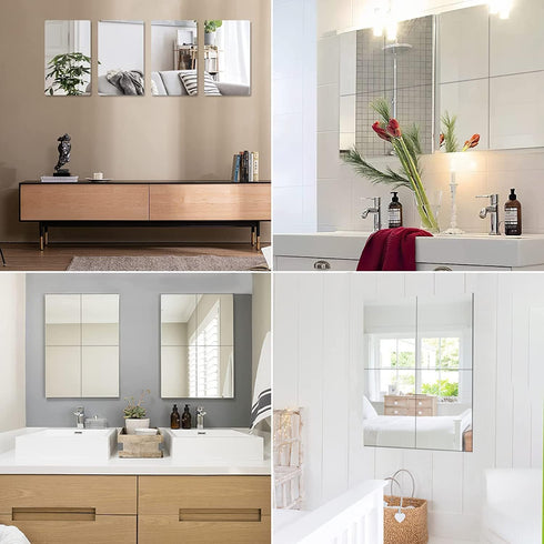 JUNEBRUSHS 4 Pack Self Adhesive Acrylic Mirror Tiles, 8 x 8 Inch Flexible Plastic Mirror Sheets, 2MM Thick