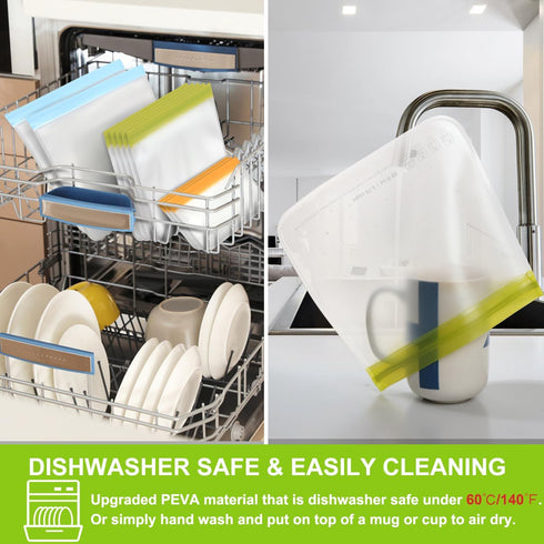SPLF 12 Pack Silicone Reusable Bags, Dishwasher Safe, Leakproof Freezer Bags, BPA Free for Lunch and Food Travel
