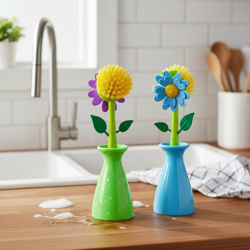 JANKOW (2 Long Handle Vegetable and Fruit Brush, Florganic Dish Brush with Vase, Long Handle Dish Brush Kitchen