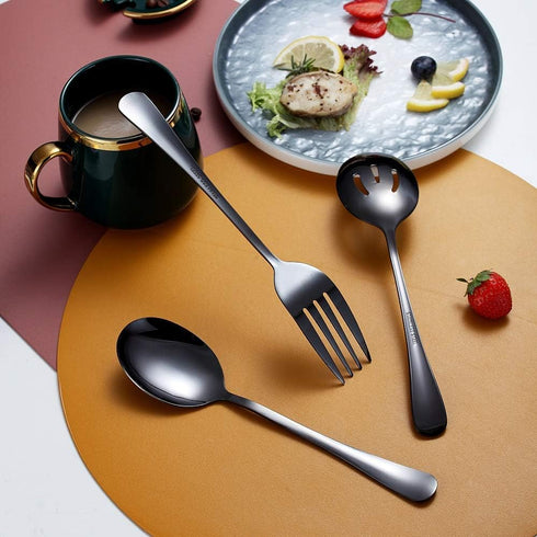 HOMQUEN Black 10-Piece Serving Flatware Set - Stainless Steel Utensils Include Slotted Spoon, Serving Fork & Ladle