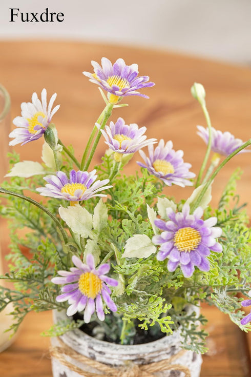 2Pcs,Daisies Daisy Artificial Flowers in Cement Vases Faux Flowers Farmhouse Home Coffee Table Bookshelf Office Desk