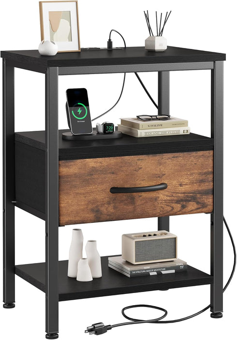 DUMOS Bedside Table with Charging Station and Adjustable Fabric Drawer Compact Nightstand