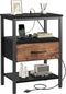 DUMOS Bedside Table with Charging Station and Adjustable Fabric Drawer Compact Nightstand