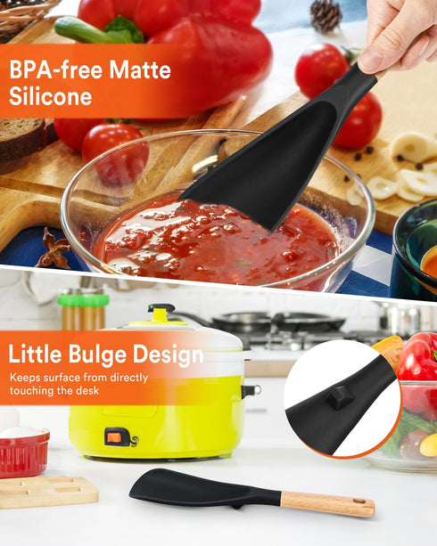 Cooking Spoon for Nonstick Cookware, Durable BPA-Free Matte Silicone, Wood Handle for Mixing, Scoop, and Scrape (Black)