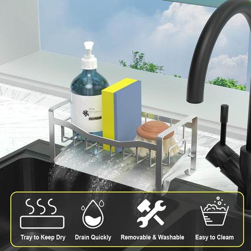 Kitchen Sink Caddy Organizer, Stainless Steel Sponge Holder with Auto Drain Tray for Kitchen Countertop Storage