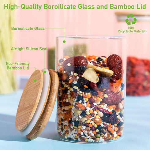 4 Pack Glass Storage Jars with Airtight Bamboo Lid - 27 OZ Kitchen Canisters for Coffee, Dry Goods, Spices