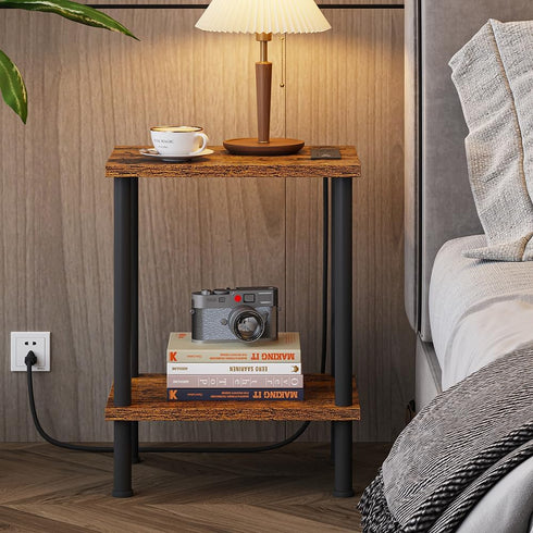 2-Tier UTBT105F VIMBER Side Table with Charging Station, End Tables with USB Port and Outlets, Nightstands with Storage