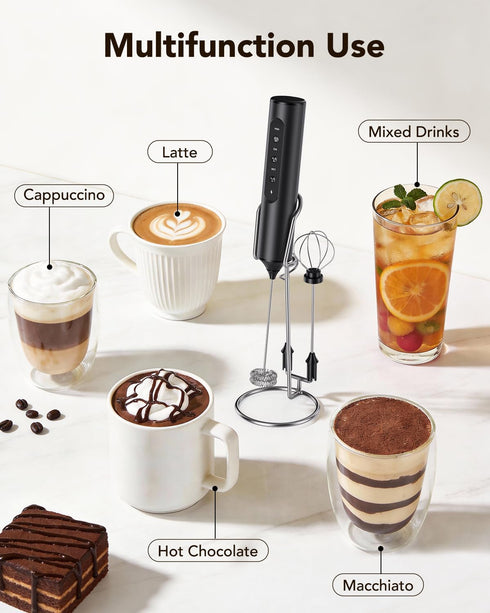3-in-1 3 Electric Milk Frother with Stand, Rechargeable LED Display & Speeds - Portable Whisk for Coffee, Protein
