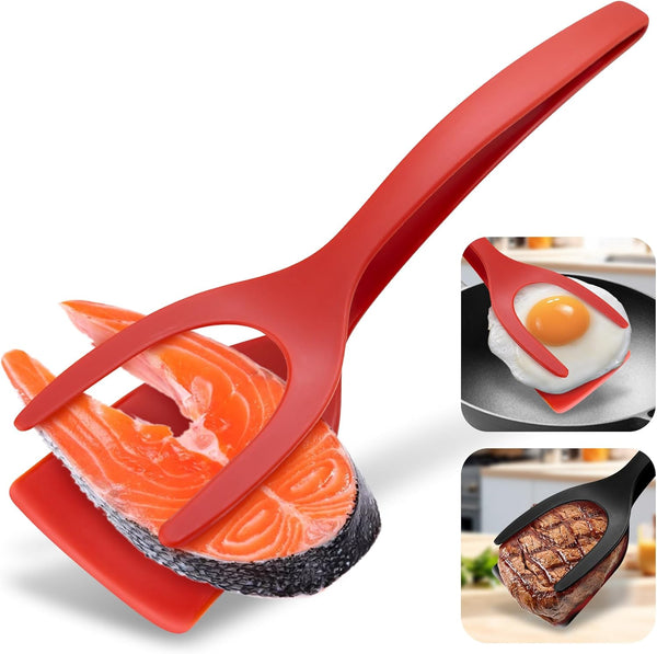 2 in 1 Spatula and Tongs, Ultimate Egg Spatula Flipper, High Temperature Resistant Nylon, Red