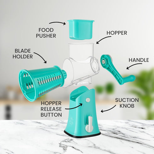 Zulay Rotary Cheese Grater, 5 Blade Manual Hand Crank Cheese Shredder, Calm Teal