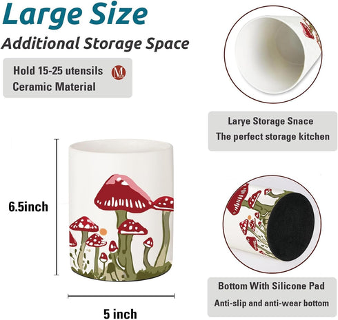 6.5 Inch Mushroom Kitchen Decor, Ceramic Utensil Holder Bee Decor, Farmhouse Indoor Kitchen Decorative Utensil Rack