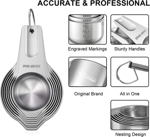 Stainless Steel Measuring Cups, Wildone Metal Measuring Cups Set with Easy to Read Markings for Measuring Dry or Liquid Ingredients, Set of 7
