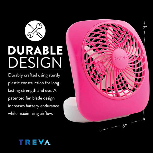 O2COOL Treva 5 Inch Battery Powered Fan, Portable Desk Fan with 2 Cooling Speeds, Compact Folding Design (Raspberry)