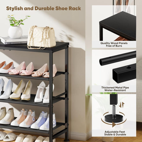 4-Tier Mavivegue Shoe Rack Organizer, Metal Shoe Storage with Non-Woven Fabrics Shelves and Wooden Top Board, Shoe Rack