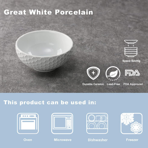 White Porcelain Small Bowls - 4.3 inch Honeycomb Grids for Ice Cream, Yogurt, Dessert, Fruits, 8 Ounce Bowl Set