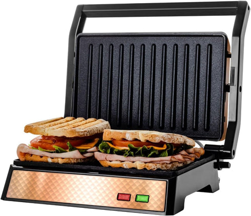 OVENTE Electric Panini Press Sandwich Maker, Non-Stick Coated Plates, 1000W Indoor Grill, Copper GP0620CO