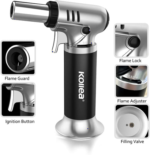 Kollea Butane Torch Lighter, Mini Kitchen Cooking Torch with Fuel Gauge & Continuous Flame Lock, Culinary Blow Torch