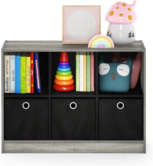 Furinno Basic 3x2 Cube Storage Bookcase Organizer with Bins in French Oak Grey/Black