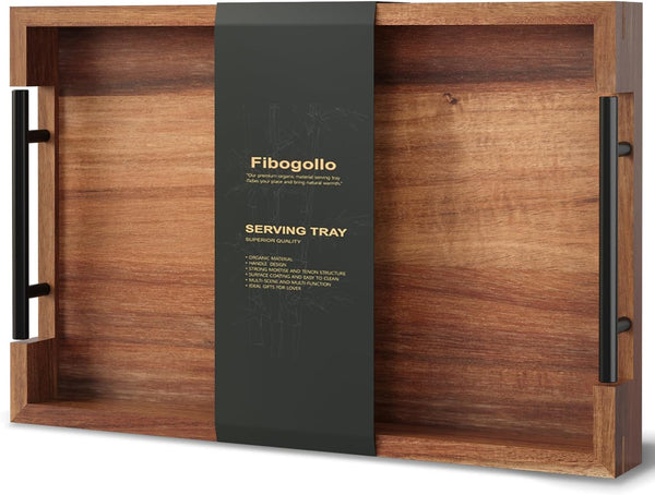 Fibogollo Acacia Wood Serving Tray with Metal Handles,15x10in Ottoman Decorative Trays Platter
