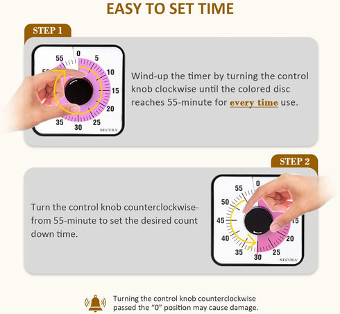 60-Minute Countdown 7.5-Inch Secura Visual Timer, Oversize Classroom Visual Timer for Kids and Adults, Durable
