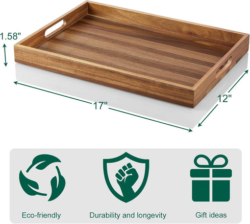 dreamkey 17 Inch Acacia Wood Serving Tray with Handles - Large Wooden Tray for Ottoman, Breakfast in Bed, Dinner