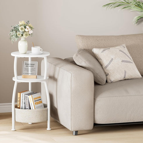 3-Tier 24in Small Round Side Table for Living Room with Storage Basket Small Space Saving End Table Nightstand Couch