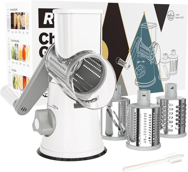 Cambom Rotary Cheese Grater Hand Crank Shredder for Fresh Cheese, Vegetables, Nuts, with Non-slip Suction Base and Free