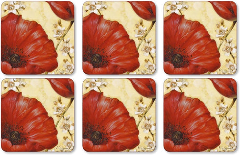 Pimpernel Red Poppy Blossoms Coasters, Set of 4 (4" x 4") Cork-Backed