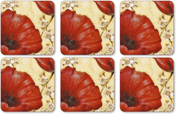 Pimpernel Red Poppy Blossoms Coasters, Set of 4 (4" x 4") Cork-Backed