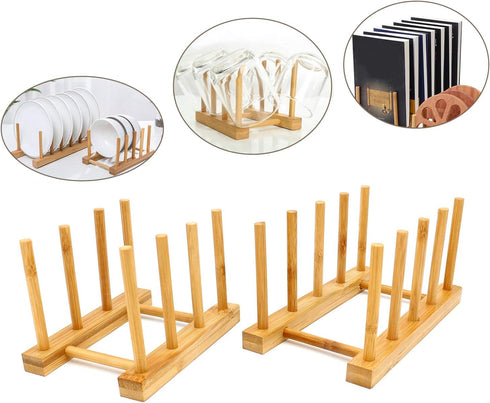 2 Pcs Household Kitchen Natural Bamboo Drain Dish Rack, Multifunctional Cup and Book Storage Rack, 8"(L) x 4.5"(W) x