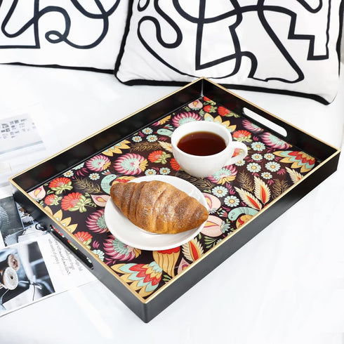 Counter Spsyrine Decorative Serving Tray with Handles, Black Lacquered Coffee Table Tray for Ottoman, Rectangle