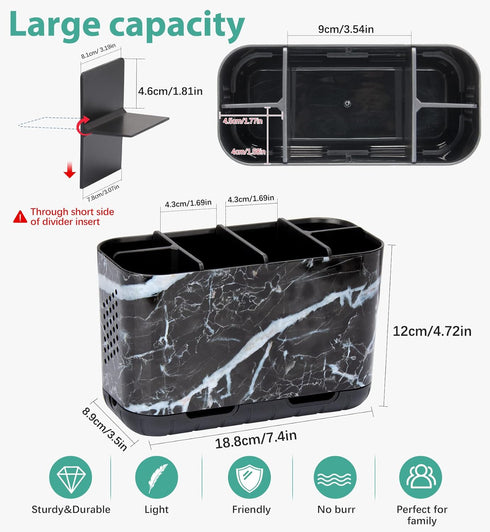 Boperzi Black Toothbrush Holder, Detachable Anti-slip Marble Organizer for Bathroom Countertop with Drainage Holes