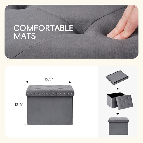 Grey,16.5"x12.6"x12.6" PINPLUS Storage Ottoman with Benches Foot Rest Stool, Folding Velvet Shoes Chest for Bedroom