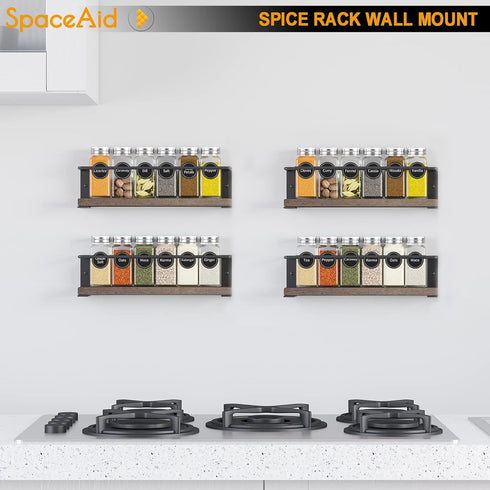 24 386 (4 Pack) SpaceAid Spice Rack with Spice Jars, Spice Labels, Chalk Marker and Funnel, Wood Hanging Seasoning