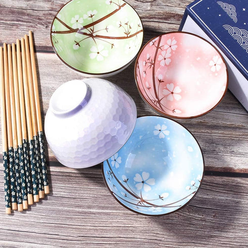 Ceramic Rice Bowls and Chopsticks Cereal Bowl Snack Bowl Set of 4 for Rice, Soups, Cereals, There Are Four Different Colors, Green, Blue, Pink and Purple,Delivered in a Beautiful Box by Cerficer