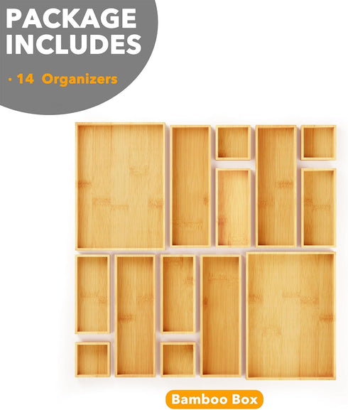 SpaceAid 14-Piece Bamboo Drawer Organizer Storage Boxes Set, Multi-Use Divider Bins for Kitchen, Bathroom, and Office