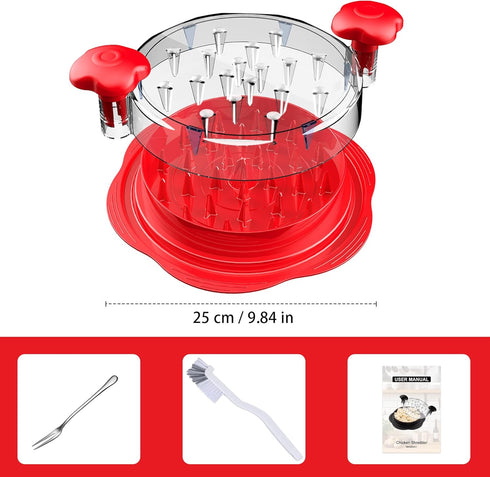 Large Chicken Shredder Tool with Twist, Brush & Fork, Visible Meat Shredder Machine, Ergonomic Handle, BPA Free, Red
