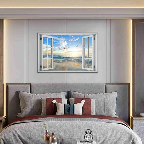 Beach Wall Decor Window View Posters - Ocean Seagull Landscape Picture Print on Canvas for Bedroom, Living Room