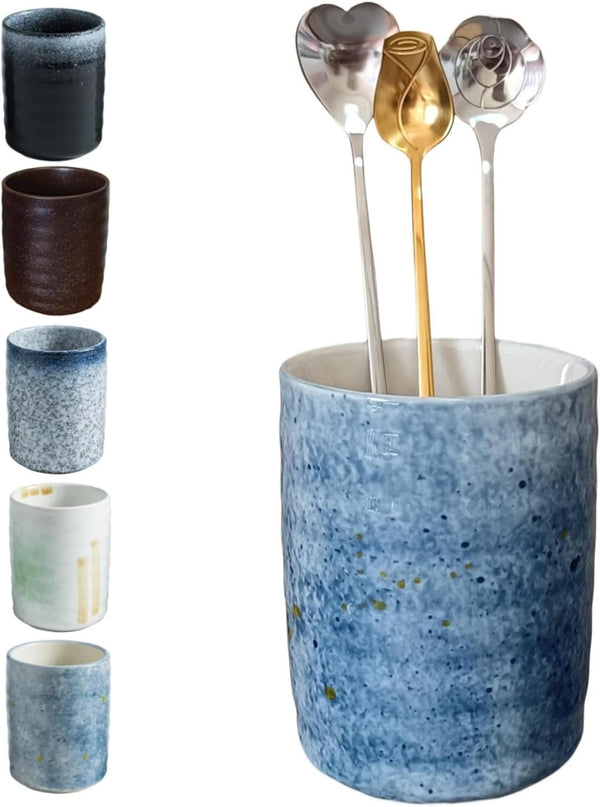 Stoneware Coffee Spoon Holder Jar, Upright Teaspoon Holder for Coffee Stirrers, Small Utensil Holder (Sea Blue)